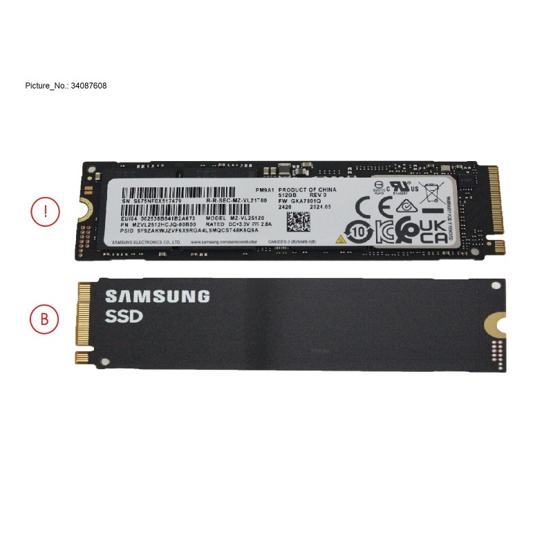 34087608 - SSD PCIE M.2 2280 512GB (PM9A1 NON-SED)
