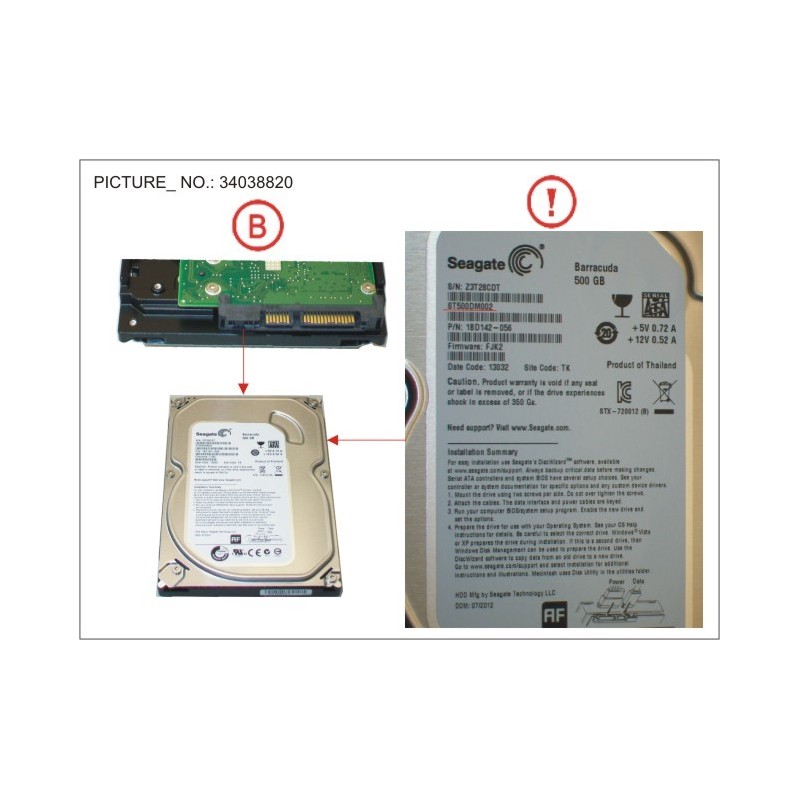 34038820 - HDD 500GB SATA S3 7.2K 3.5' 4K-AF